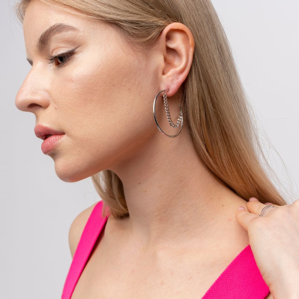 Silver Large 30mm Dainty Chain Tassel Bar Threader Statement Round Hoop Earring
