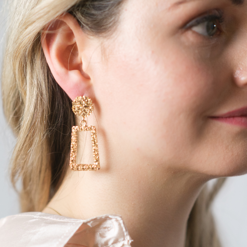Vintage Hollow Geometric Foil Square Long Drop Statement Earrings