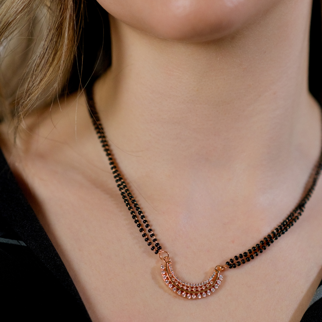 Indian Half Moon Zircon Nazaria Dangle Mangalsutra Black Beads Pendant Necklace — Boho Jewellery UK | The Colourful Aura