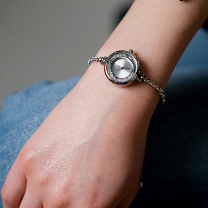 Stainless Steel Gold and Silver Bangle Adjustable Bracelet Wrist Watch (Close-up Detail) | The Colourful Aura