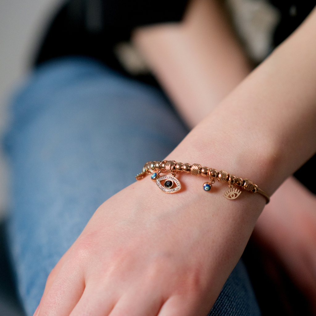 Rose Gold Evil Eye Dangle Charms Protection Dangly Bracelet