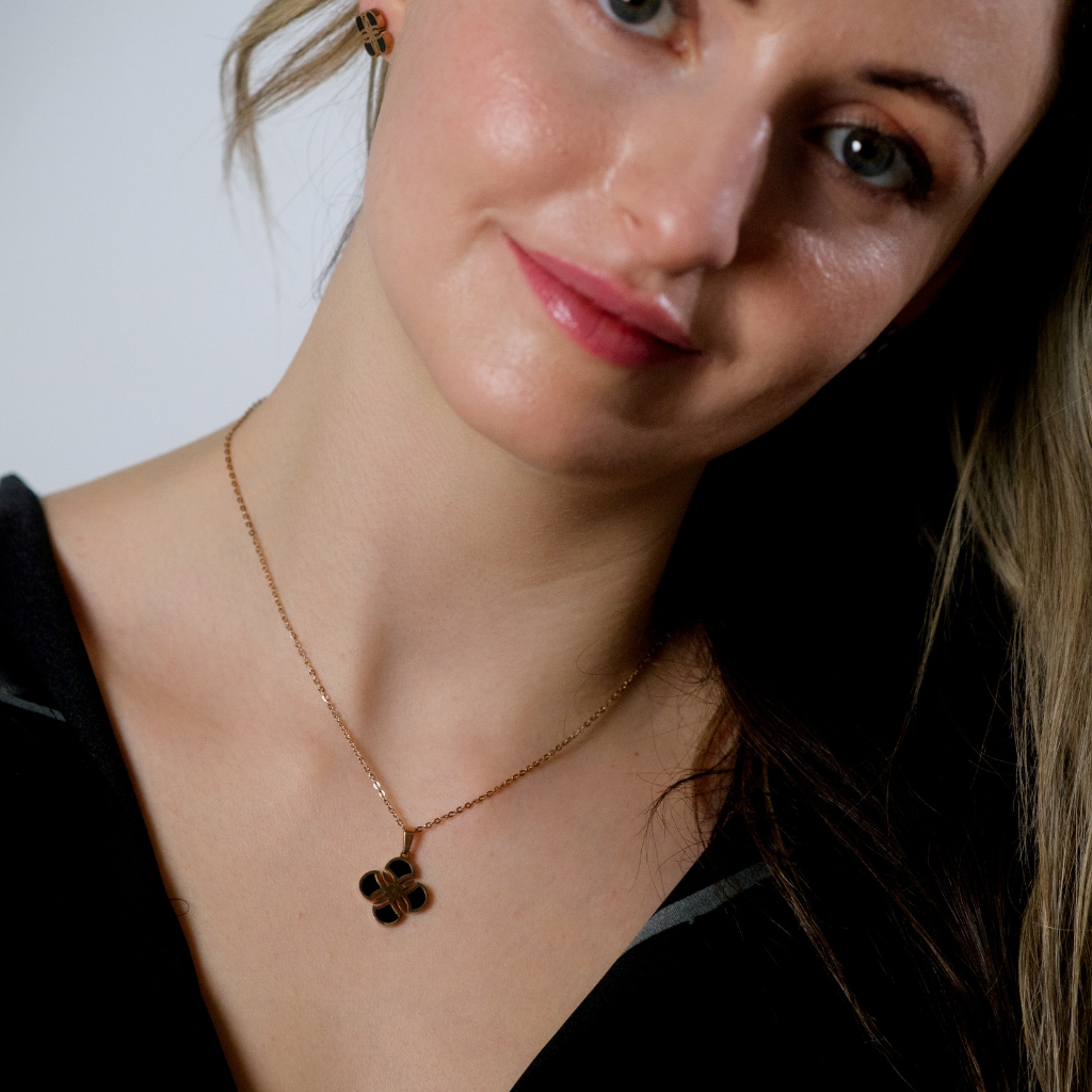 Black Enamel Minimalistic Clover Pendant Necklace and Earring Set — Boho Jewellery UK | The Colourful Aura