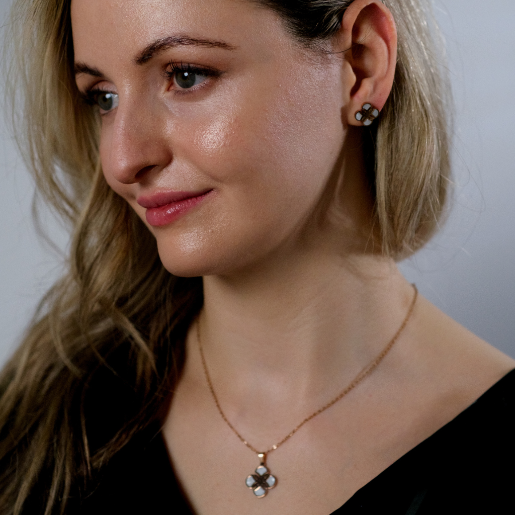 White Enamel Minimalistic Clover Pendant Necklace and Earring Set