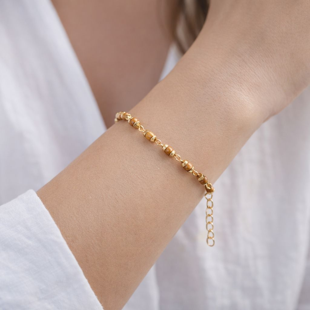 Gold Plated Small Tulsi Bead Adjustable Bracelet (Close-up Detail) | The Colourful Aura