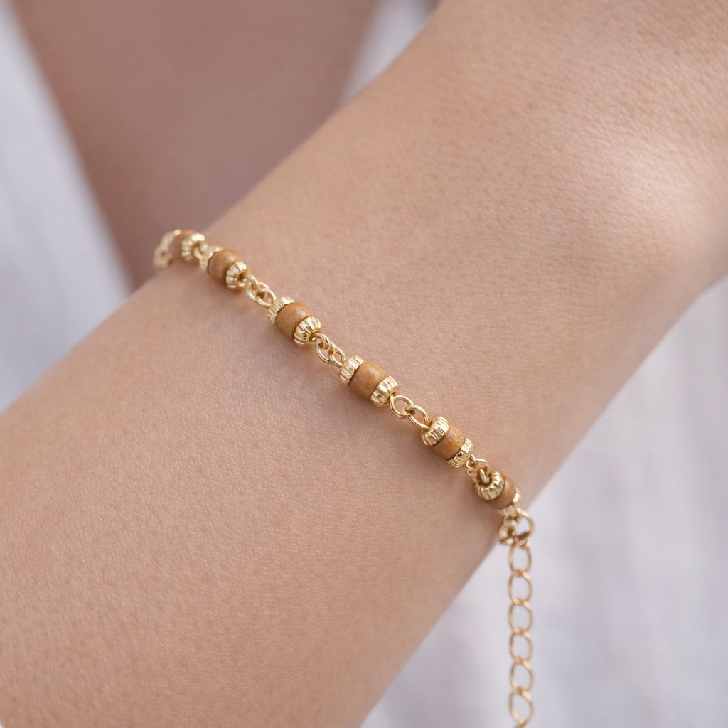 Gold Plated Small Tulsi Bead Adjustable Bracelet (Close-up Detail) | The Colourful Aura