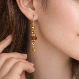 Gold Plated Rudraksha Dangle Hook Earrings (Close-up Detail) | The Colourful Aura