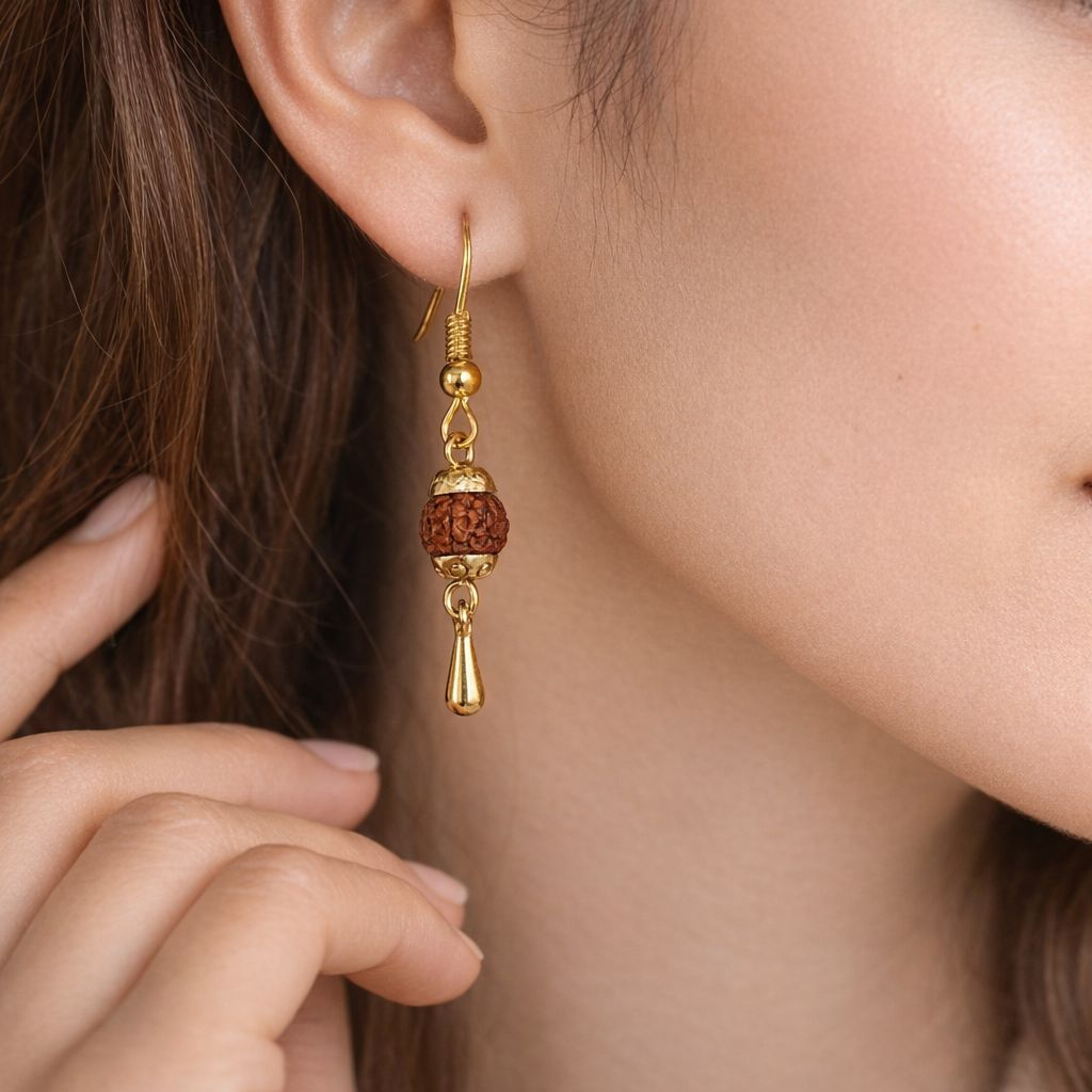 Gold Plated Rudraksha Dangle Hook Earrings (Close-up Detail) | The Colourful Aura