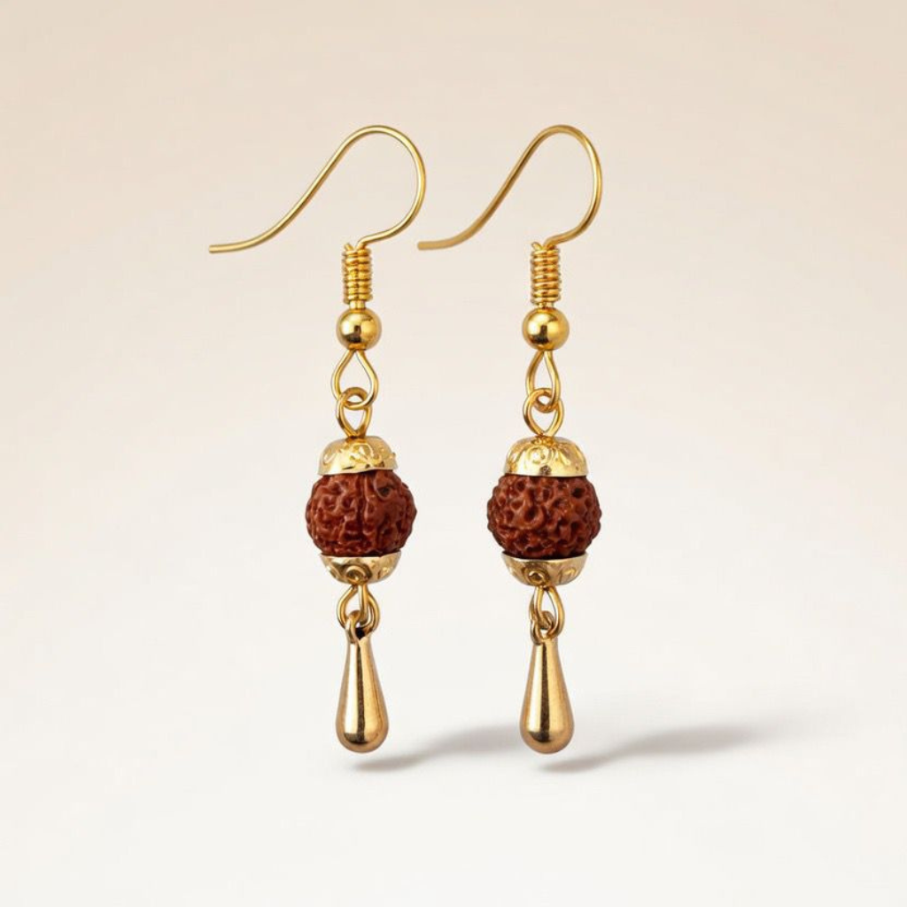 Gold Plated Rudraksha Dangle Hook Earrings — Boho Jewellery UK | The Colourful Aura