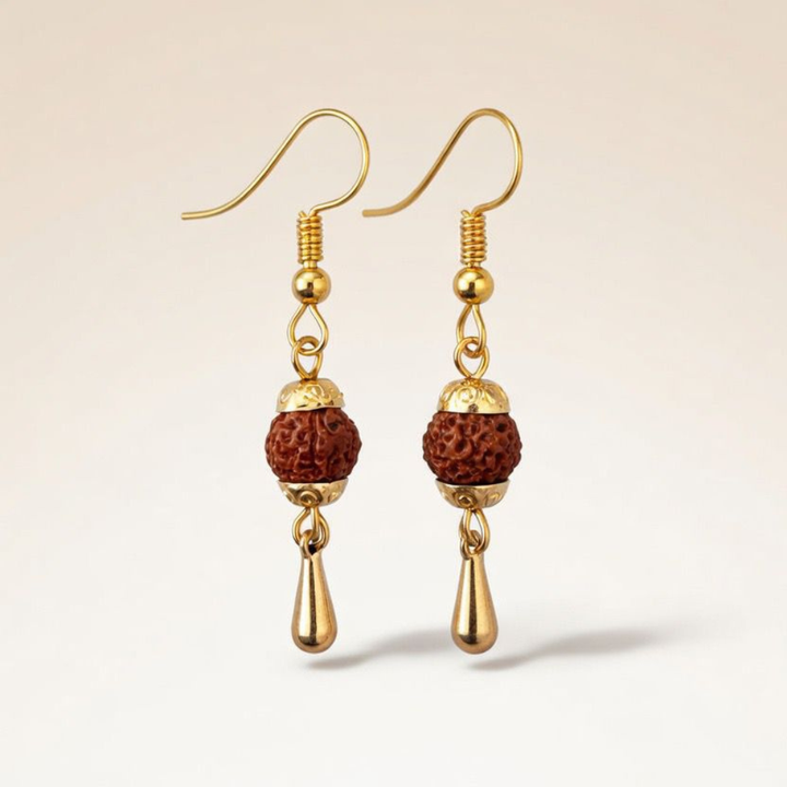 Gold Plated Rudraksha Dangle Hook Earrings — Boho Jewellery UK | The Colourful Aura