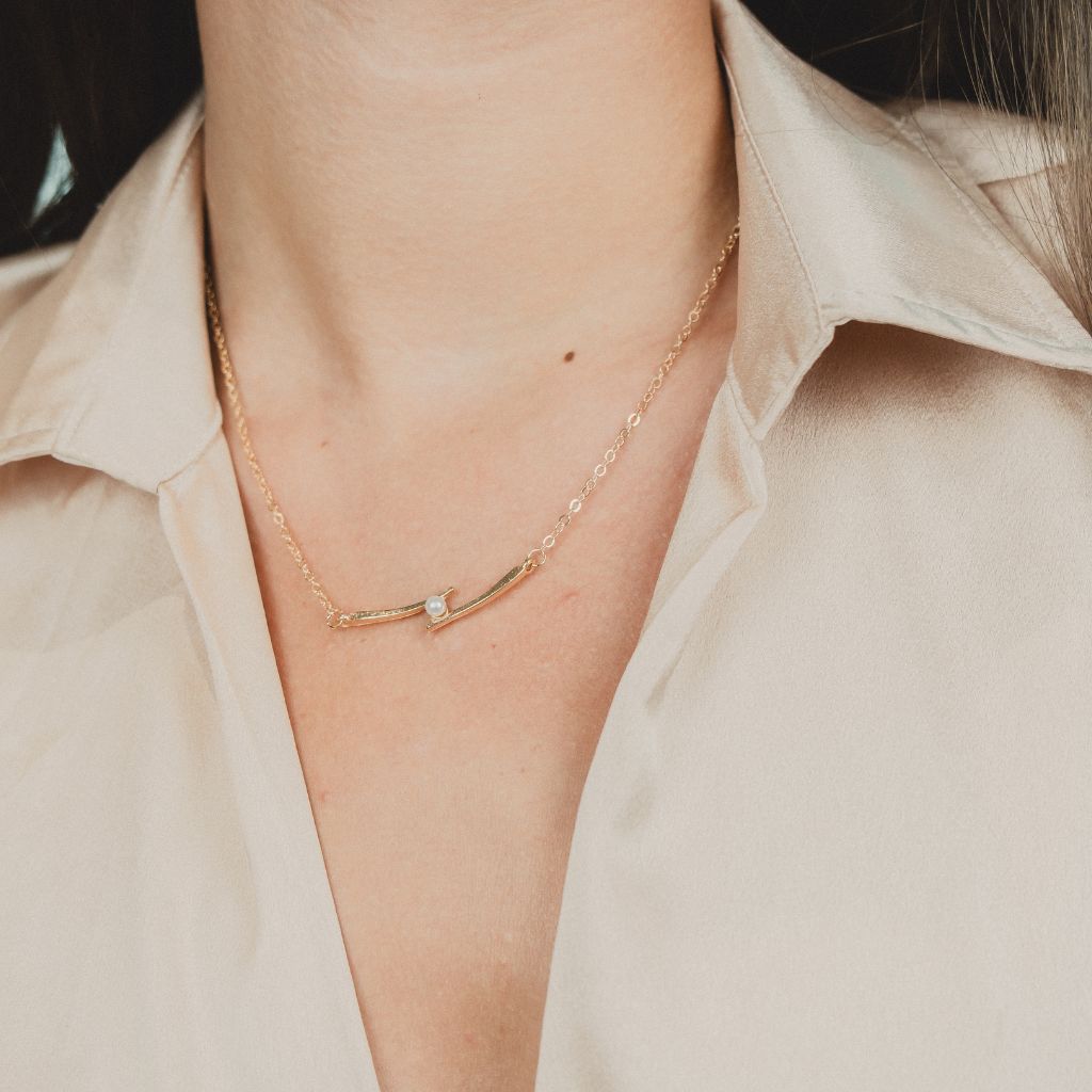 Gold Single White Pearl Inlaid Irregular Shape Minimalist Slim Pendant Necklace — Boho Jewellery UK | The Colourful Aura