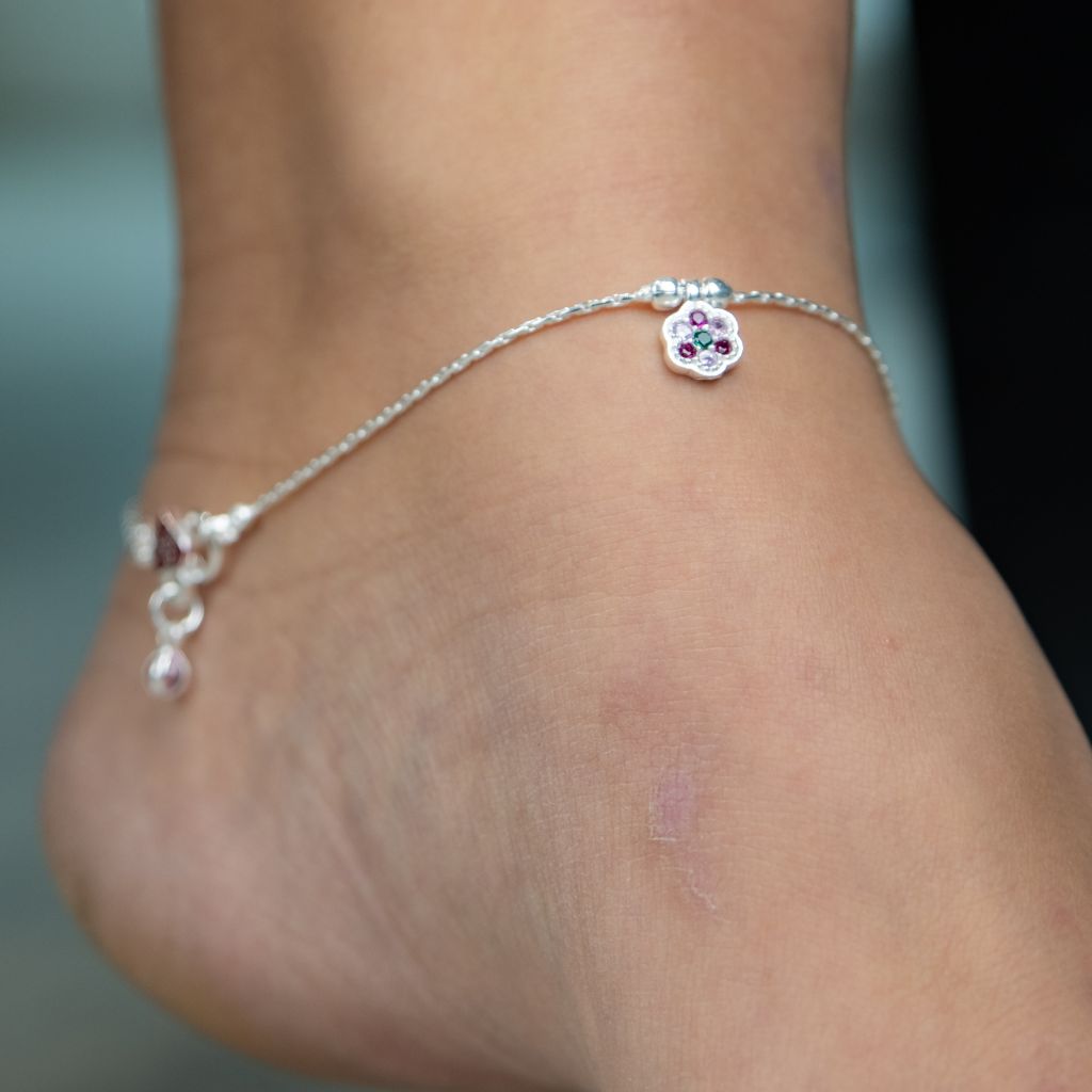 Pure Silver Slim Floral Stone Dangle Thin Indian Payal Anklet