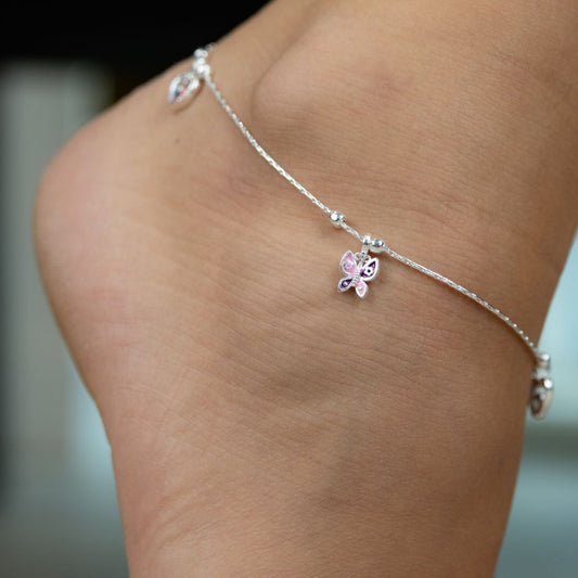 Pure Silver Heart and Butterfly Charm Dangle Thin Payal Anklet