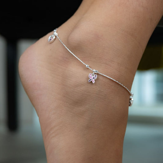 Pure Silver Heart and Butterfly Charm Dangle Thin Payal Anklet
