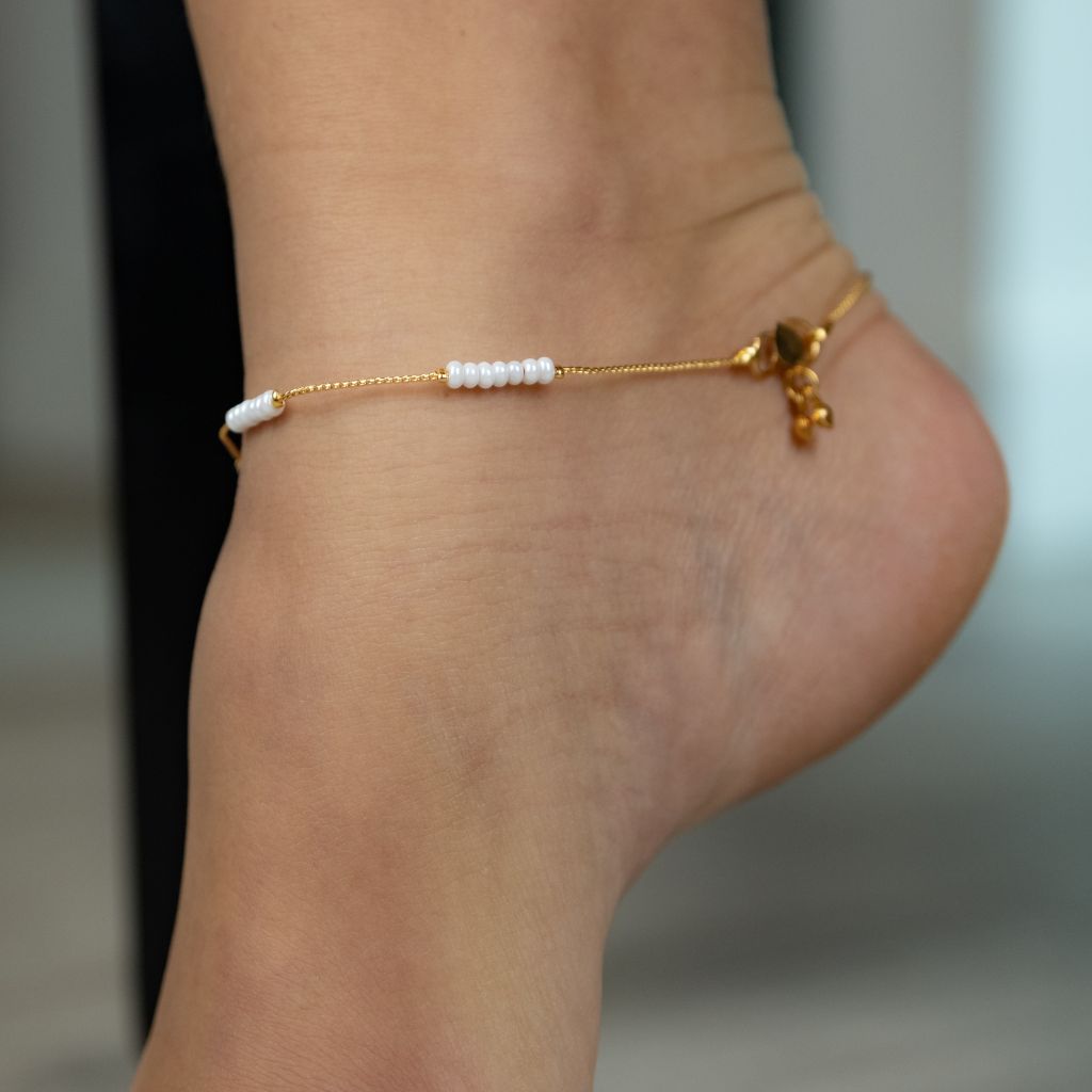 Golden Brass White Pearl Minimalist Thin Slim Foot Payal Anklet