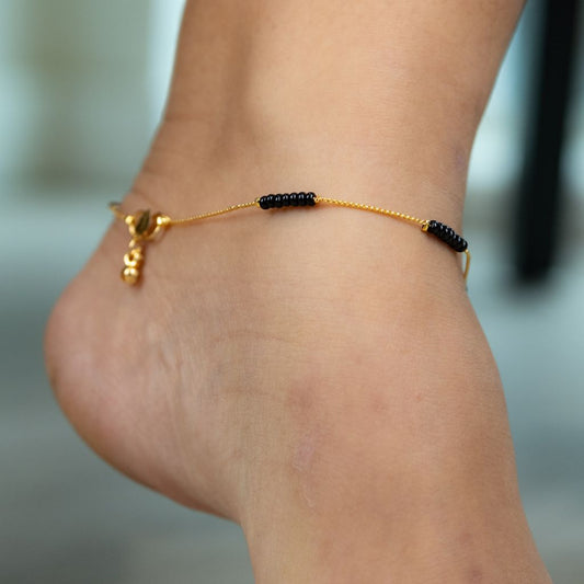 Golden Brass Black Pearl Minimalist Thin Slim Foot Payal Anklet