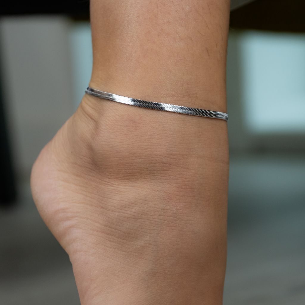 Silver Stainless Steel Cuban Link Flat Snake Gourmet Chain Layering Foot Anklet — Boho Jewellery UK | The Colourful Aura