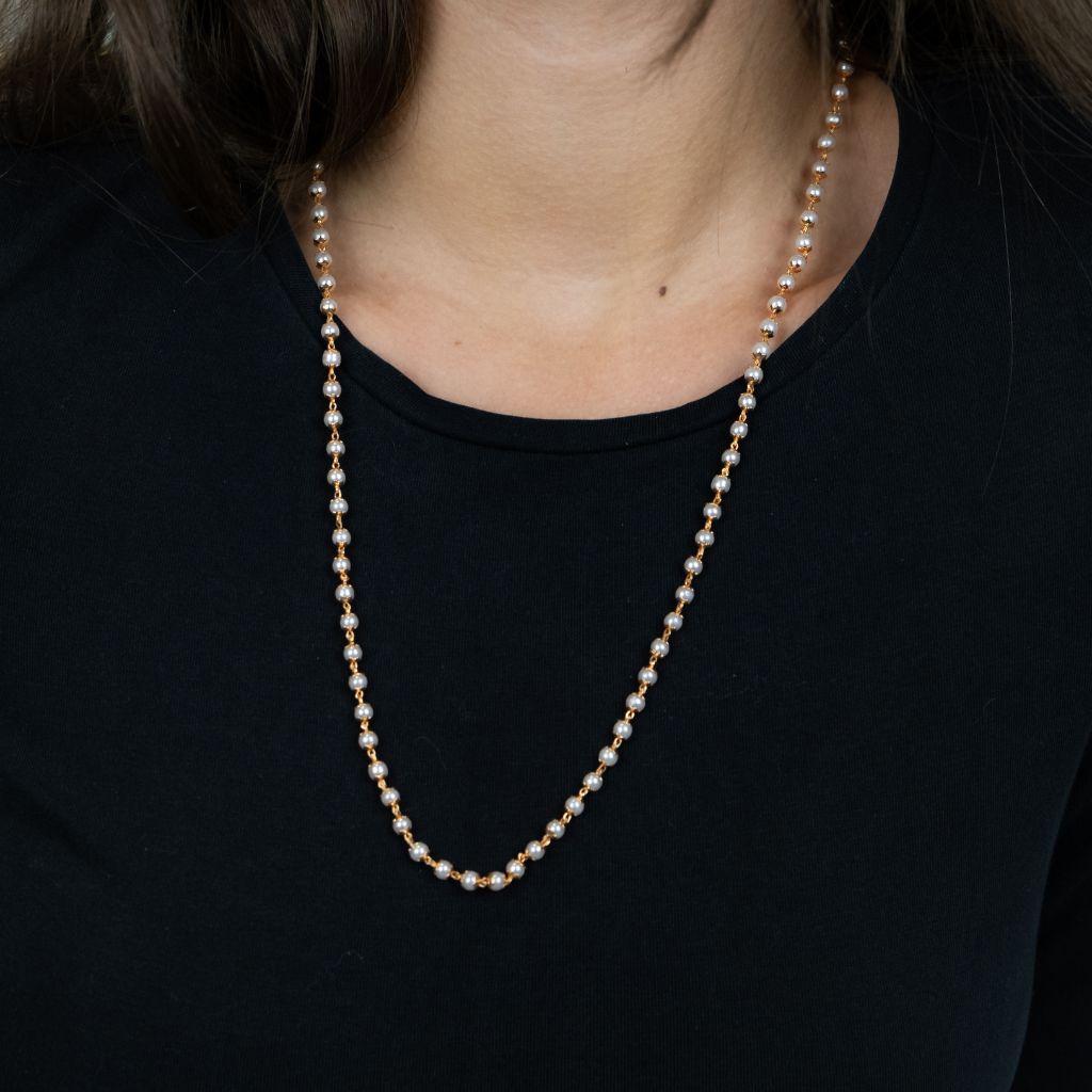 Single Strand Ethnic Beaded Brass Lightweight Unisex White Pearl Mala Necklace