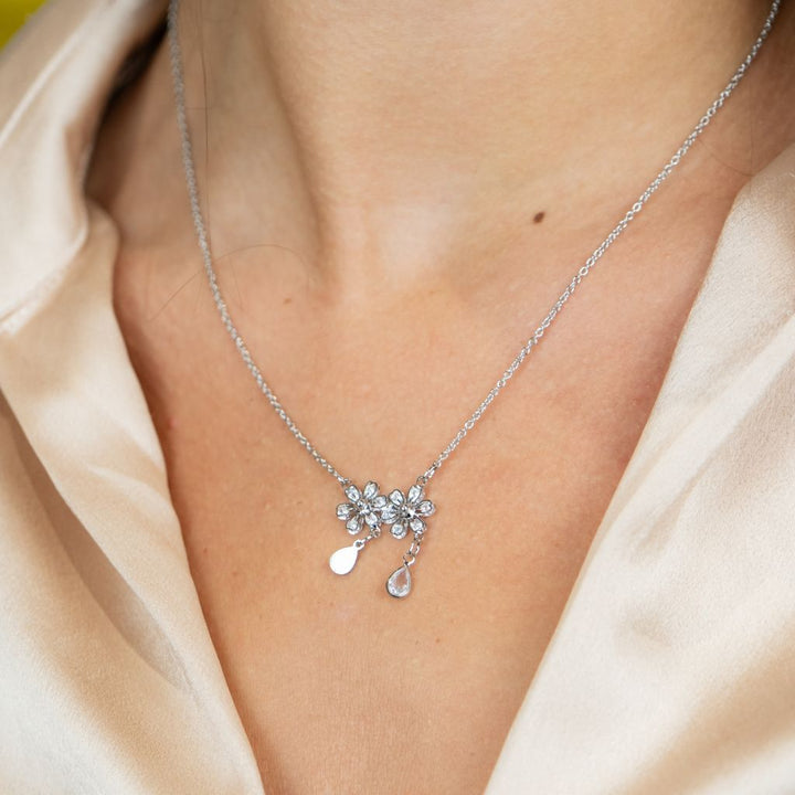 Silver Two Floral Zircon Crystal Dokiya Pendant Dangle Necklace (Close-up Detail) | The Colourful Aura