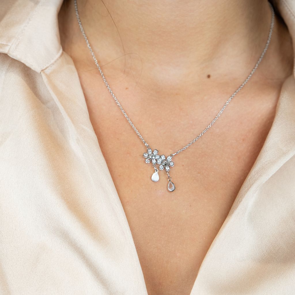 Two Floral Zircon Crystal Dokiya Pendant Dangle Necklace — Boho Jewellery UK | The Colourful Aura