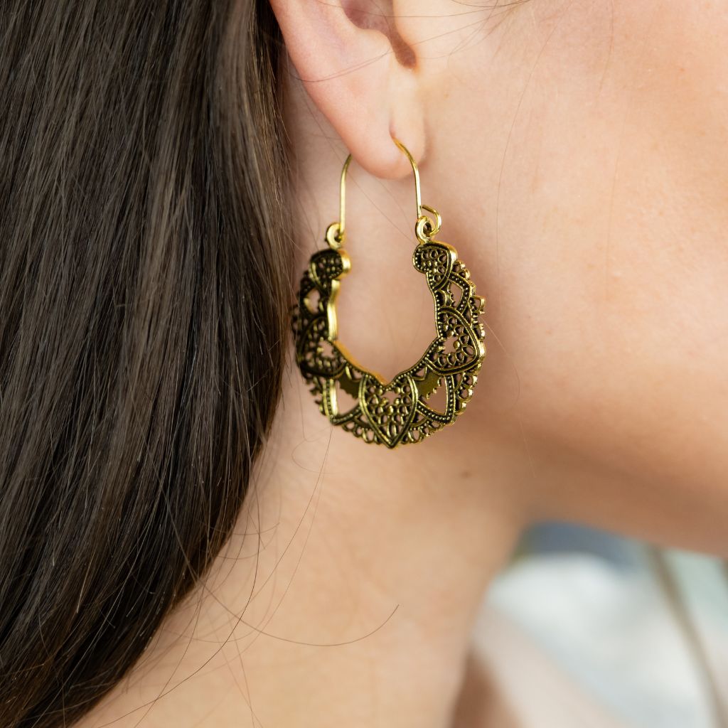 Gold Ethnic Style Retro Hollow Carving Geometric Asian Oxidised Boho Dangle — Boho Jewellery UK | The Colourful Aura