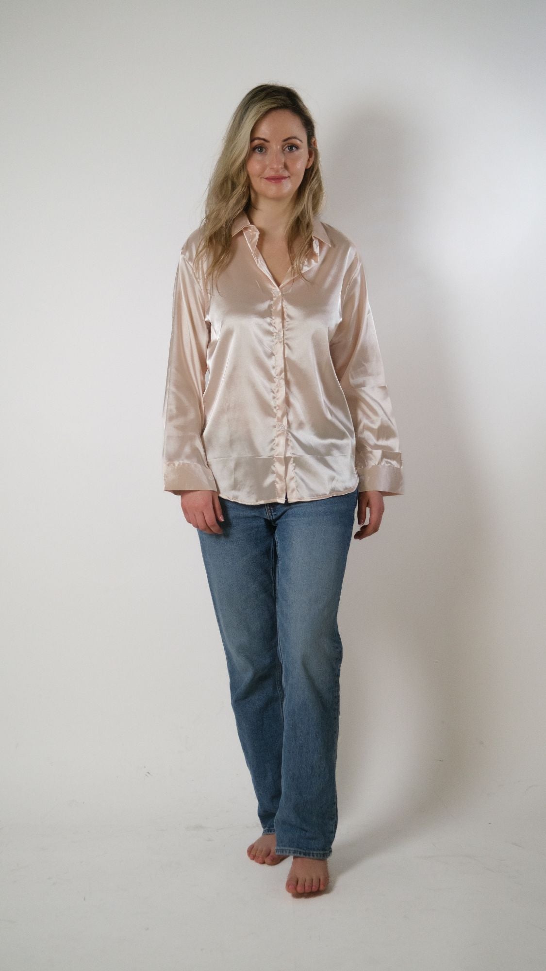 Beige Silk Satin Plain Long Sleeve Solid Print Loose Shirt