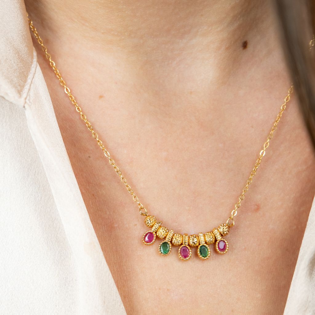 Five Stone Dangle Colourful Stones Gold Brass Pendant Necklace