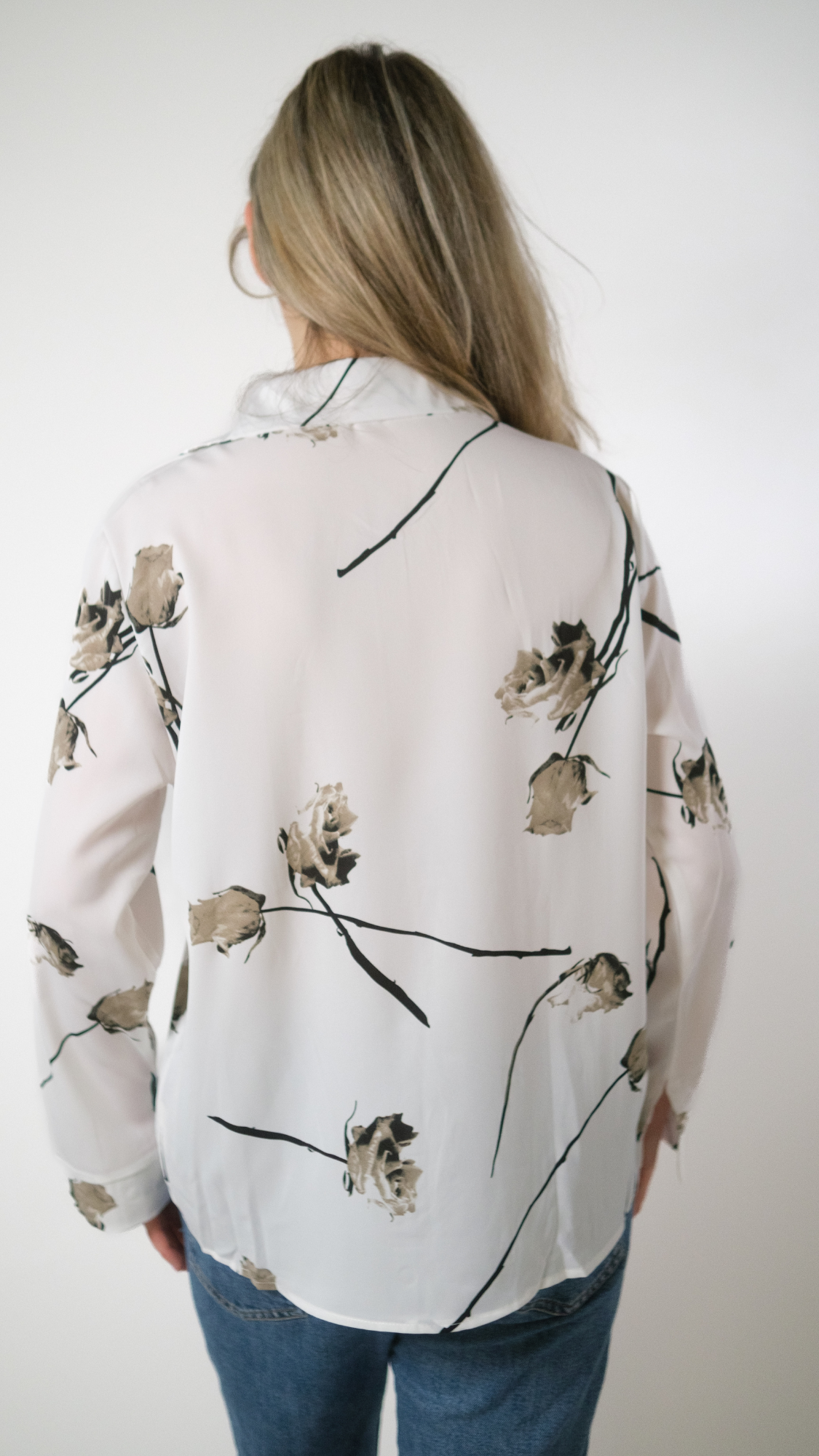 White Chiffon Long Sleeve Floral Printed Loose Shirt