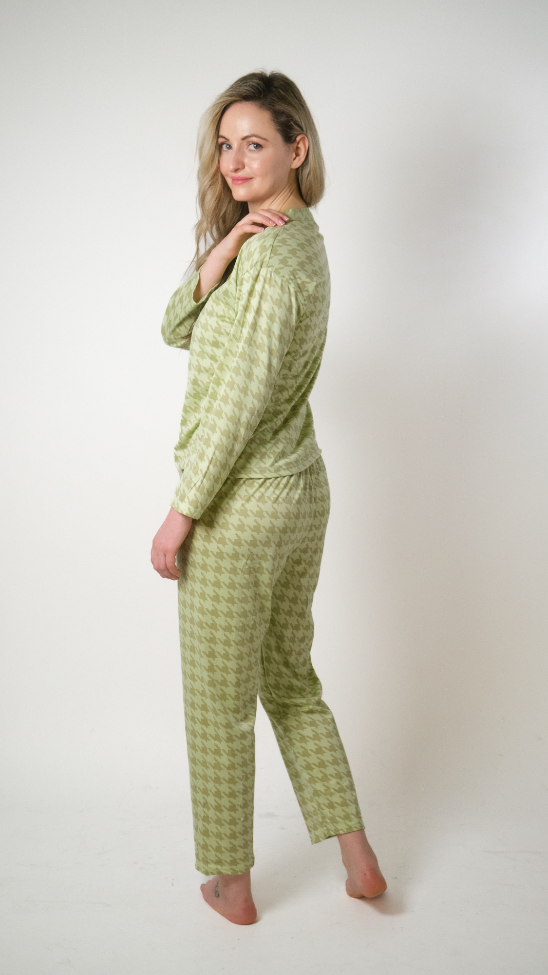 Olive Green Dog Tooth Full Sleeve Cotton nightwear women Pyjama Set