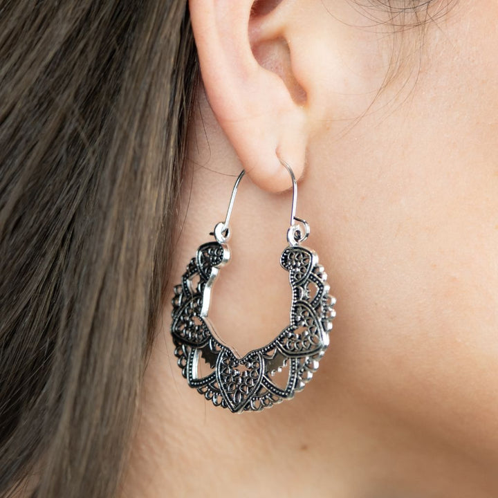 Silver Ethnic Style Retro Hollow Carving Geometric Asian Oxidised Boho Dangle (Close-up Detail) | The Colourful Aura