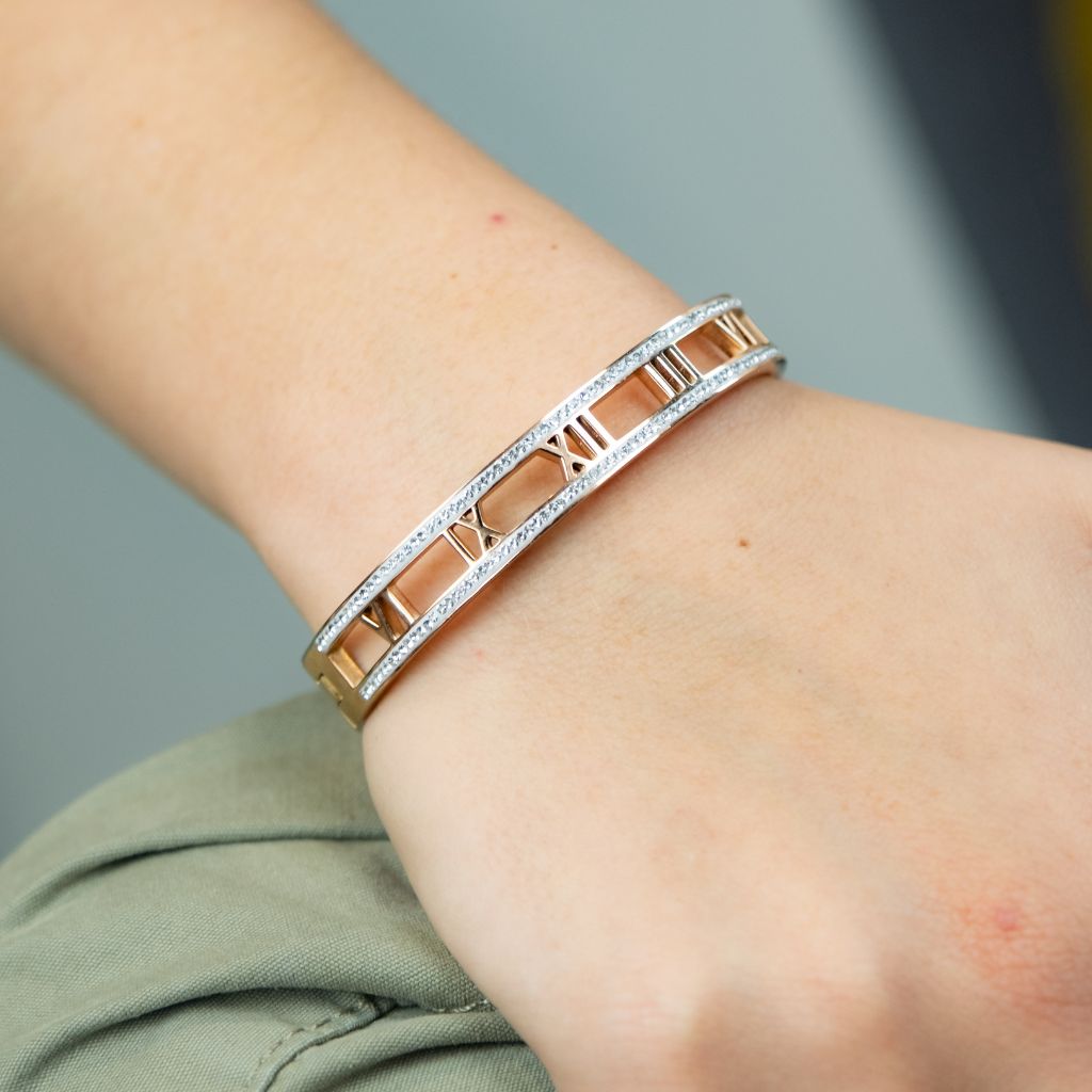 18ct Rose Gold Zircon Roman Number Cuff Wrist Bangle Bracelet – The Colourful Aura
