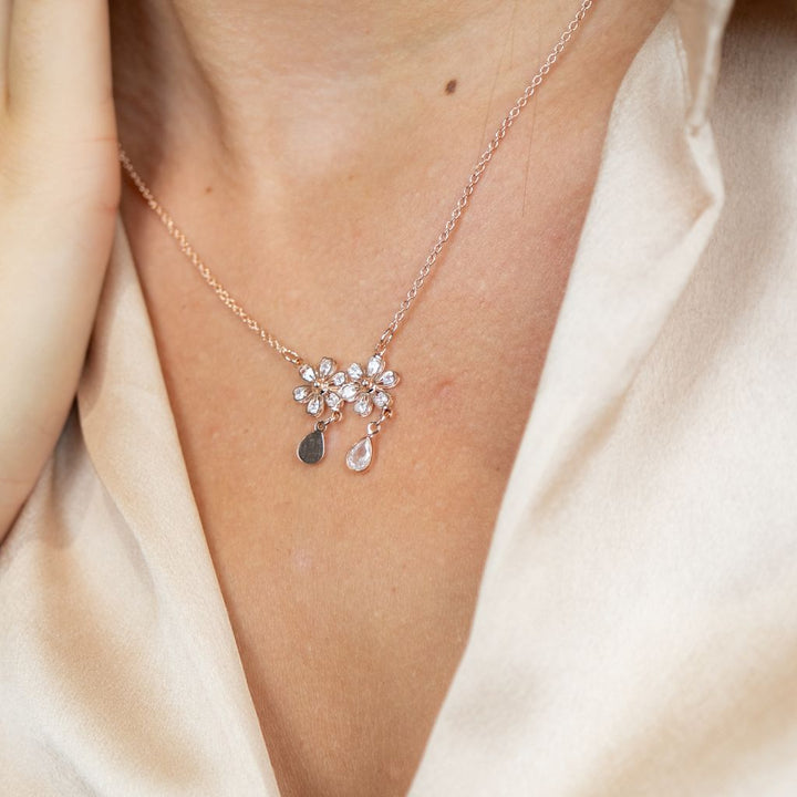 Rose Gold Two Floral Zircon Crystal Dokiya Pendant Dangle Necklace (Close-up Detail) | The Colourful Aura