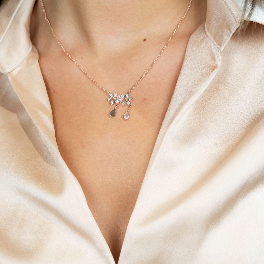 Two Floral Zircon Crystal Dokiya Pendant Dangle Necklace