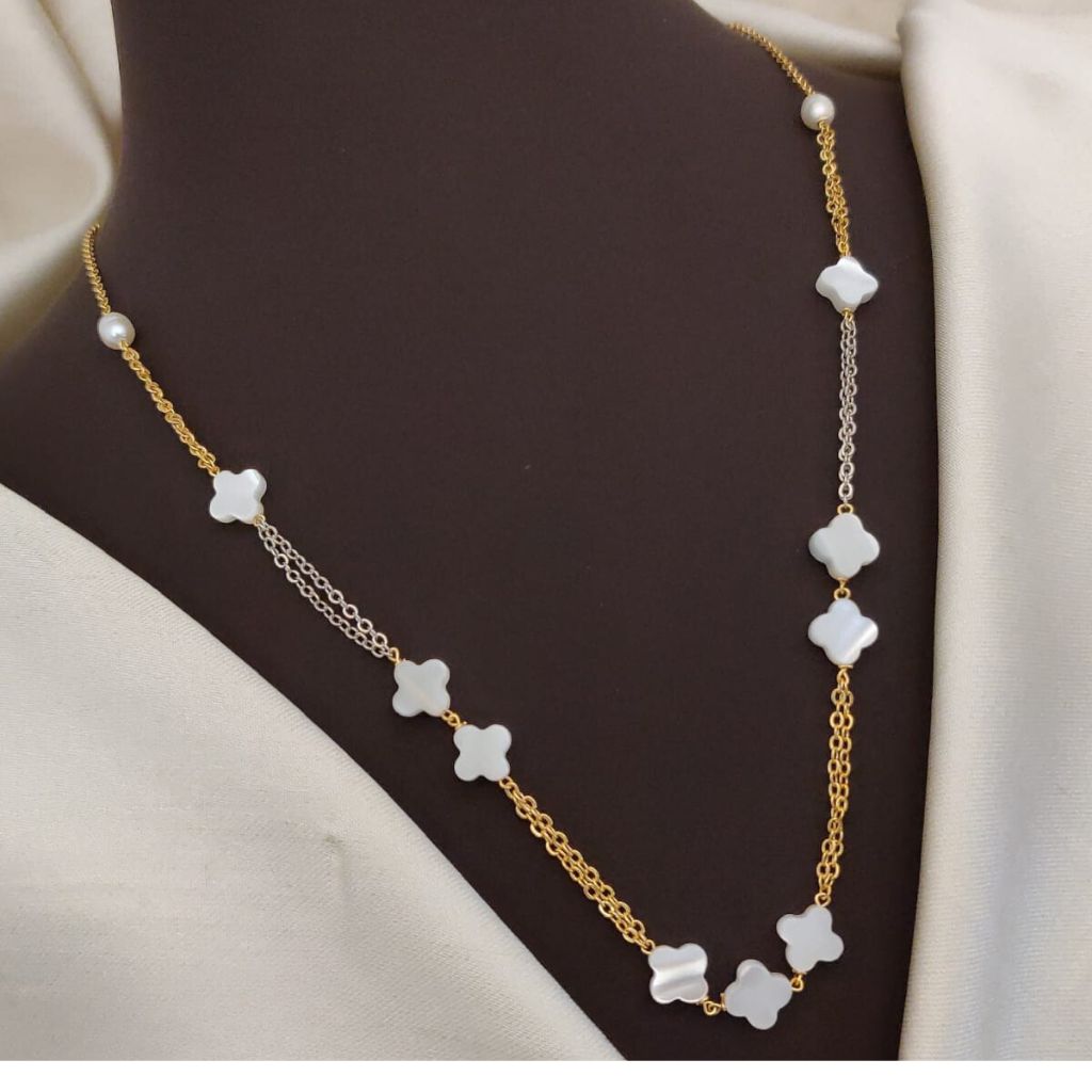 Gold White Enamel Clover Shamrock Choker Necklace
