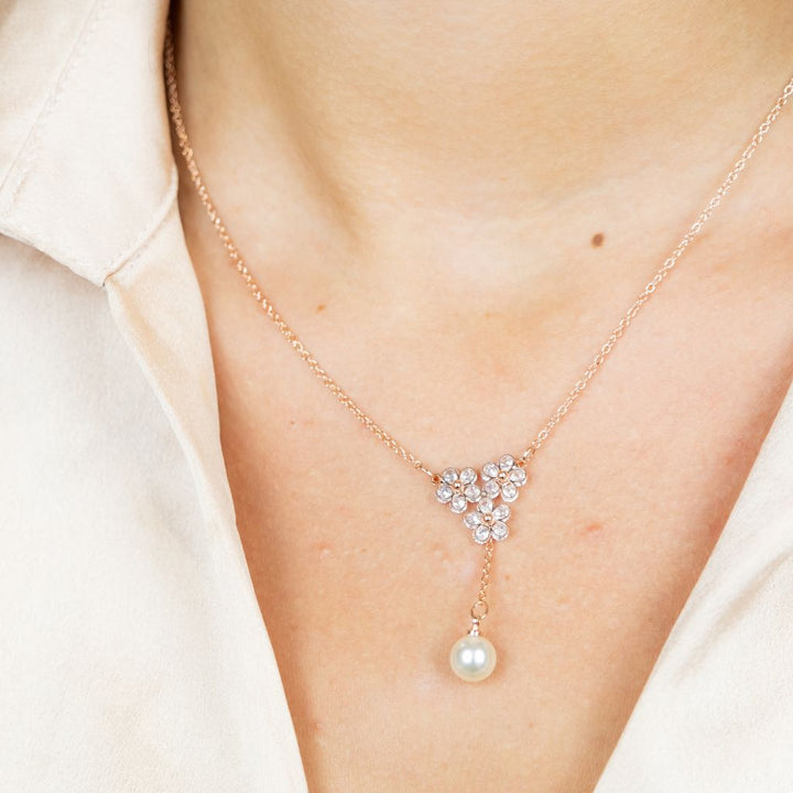 Rose Gold Large Floral Zircon Crystal Dokiya Pendant Dangle Necklace (Close-up Detail) | The Colourful Aura