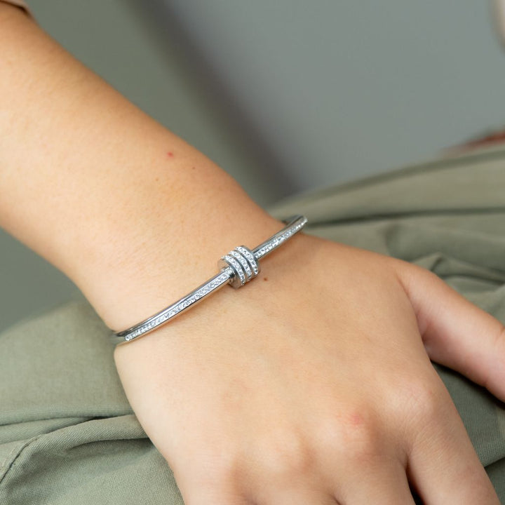 Silver Stainless Steel Zircon Ball Crystal Round Fashion Open Bangle Bracelet (Close-up Detail) | The Colourful Aura