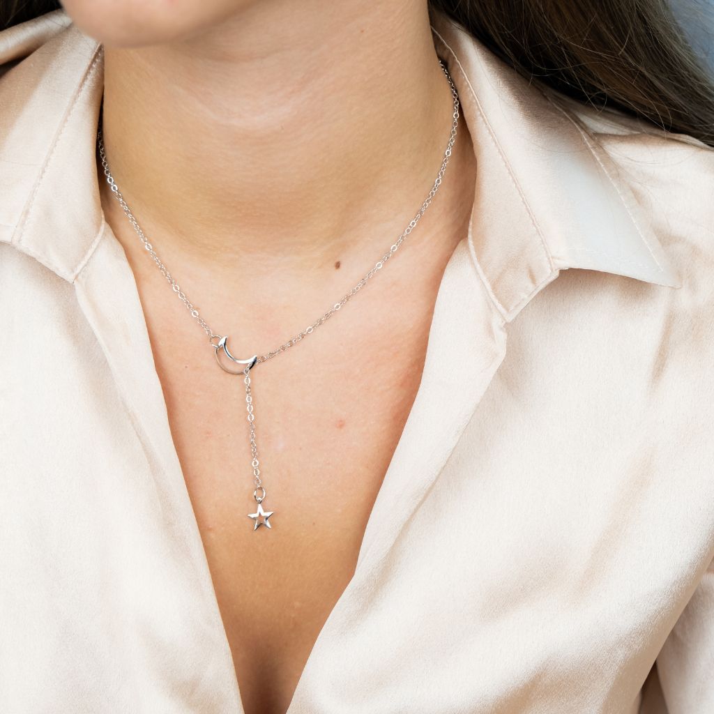 Long Slim Moon Star Drop Y Shape Moon Interlock Lariat Necklace