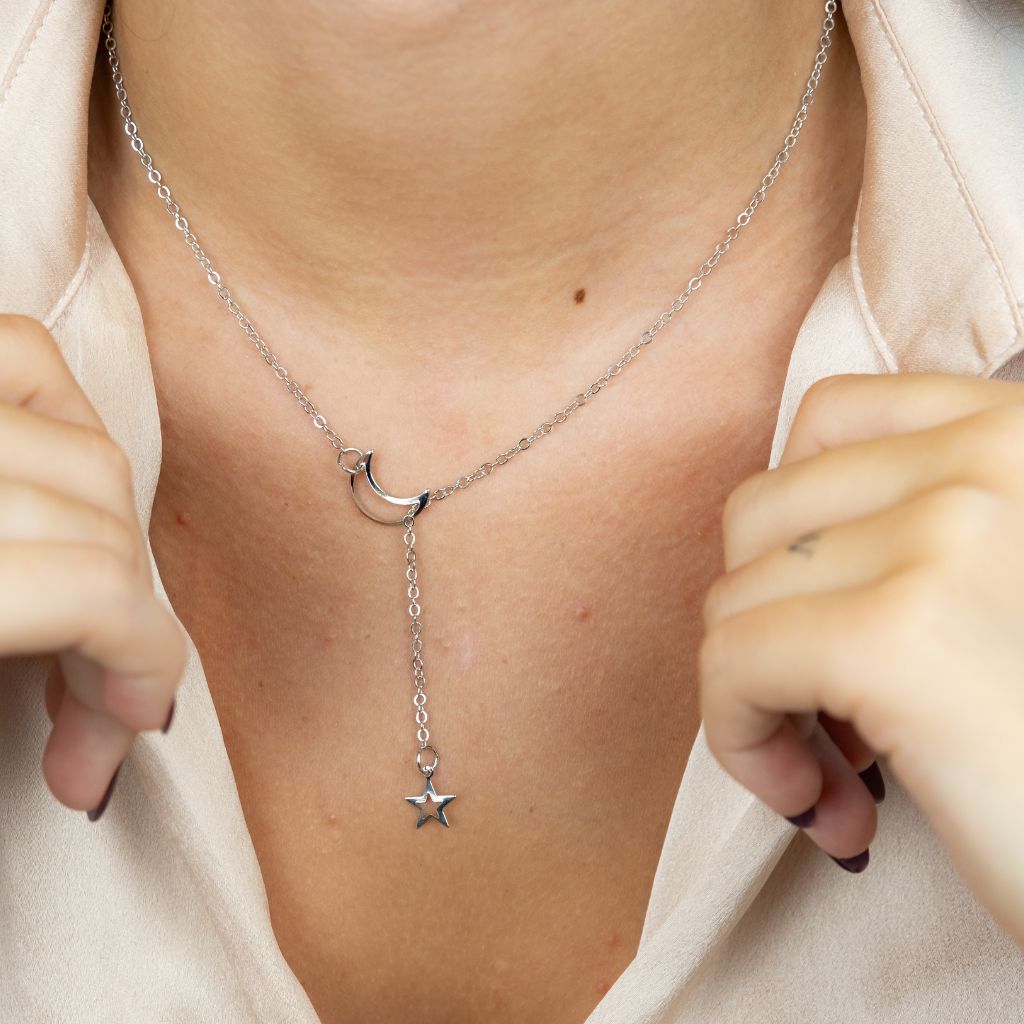 Silver Long Slim Moon Star Drop Y Shape Moon Interlock Lariat Necklace — Boho Jewellery UK | The Colourful Aura