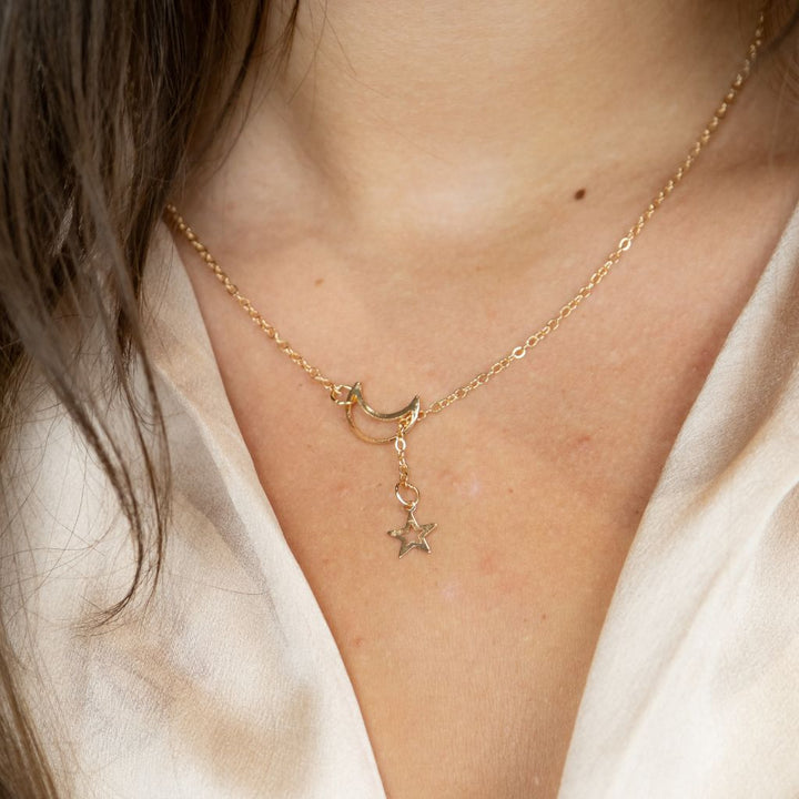 Gold Long Slim Moon Star Drop Y Shape Moon Interlock Lariat Necklace (Close-up Detail) | The Colourful Aura