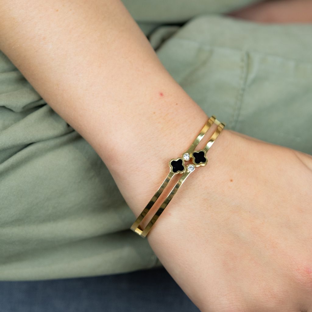 Dual Clover Leaf Zircon Irish Floral Shamrock Design Bangle Bracelet