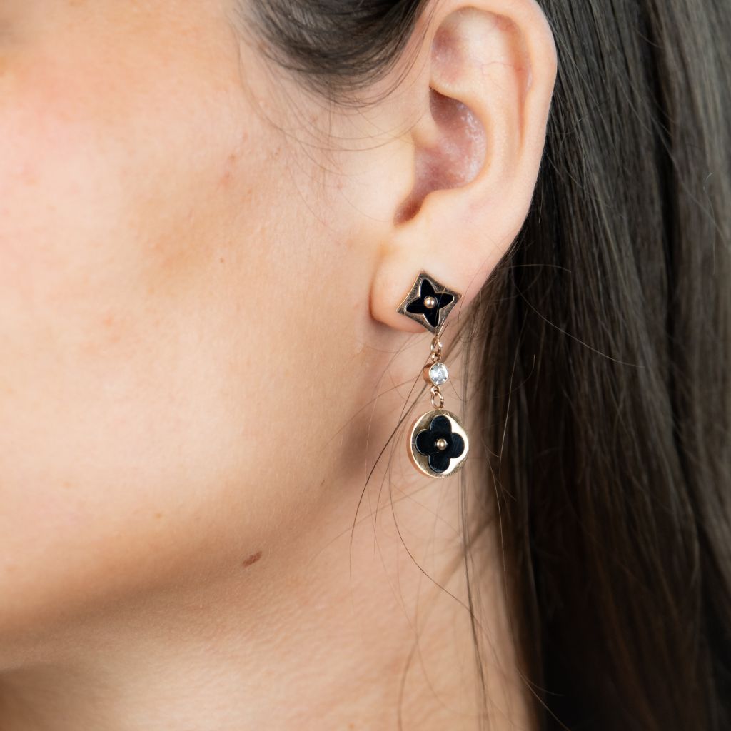 Black Clover Shamrock Floral Enamel Long Dangle Drop Earrings — Boho Jewellery UK | The Colourful Aura