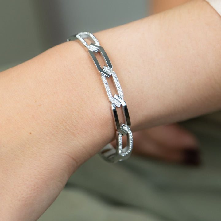 Silver Hollow Cross Braided Zircon Chain Rhomb Design Wrist Bangle Bracelet (Close-up Detail) | The Colourful Aura