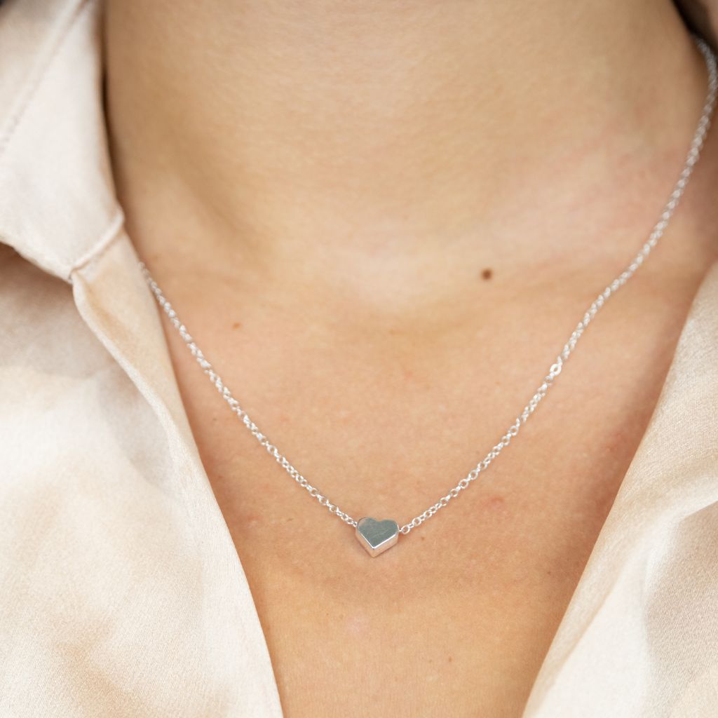 Silver Dainty Crescent Tiny Small Heart Pendant Necklace