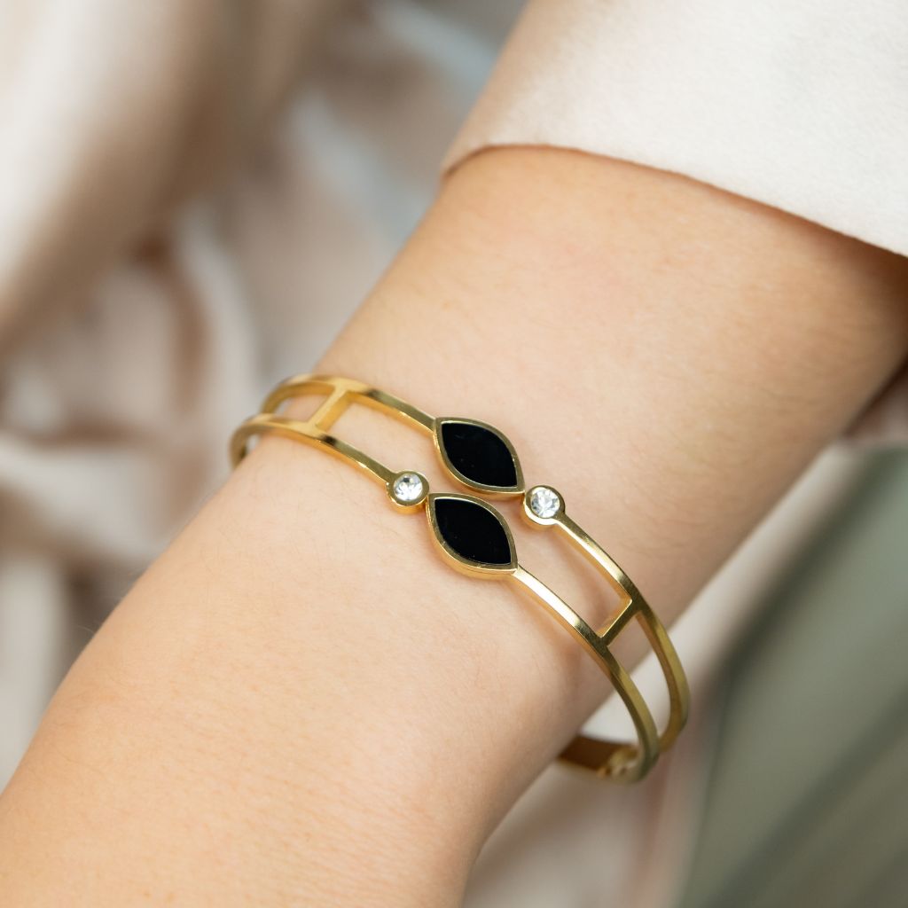 Two Black Leaf Zircon Gold Lightweight Minimalist Stacking Bangle Bracelet