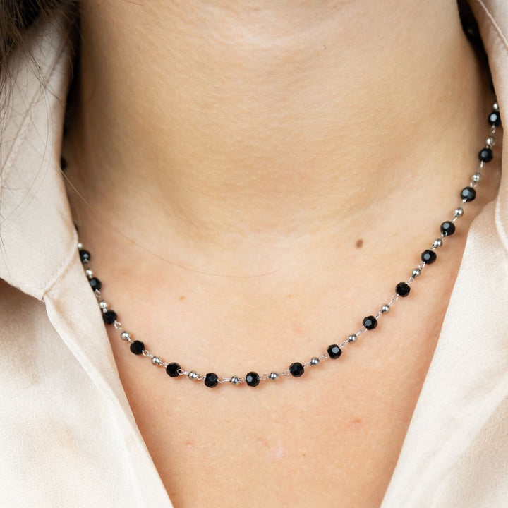 Black Crystal Beaded Silver Gold Asian Nazar Mangalsutra Choker Necklace (Close-up Detail) | The Colourful Aura