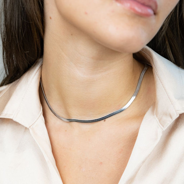 Silver Stainless Steel Gold Cuban Link Flat Snake Gourmet Chain Layering Necklace (Close-up Detail) | The Colourful Aura