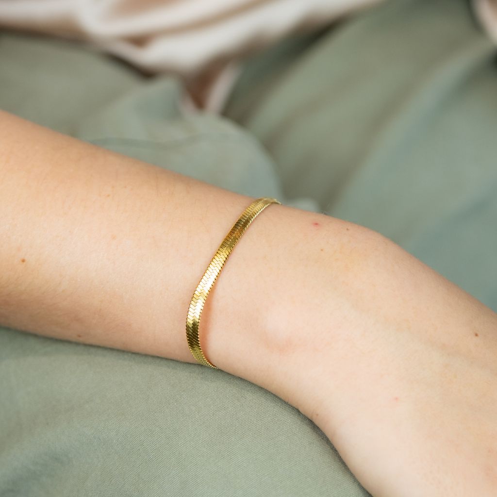 Stainless Steel Gold Cuban Link Flat Snake Gourmet Chain Layering Bracelet