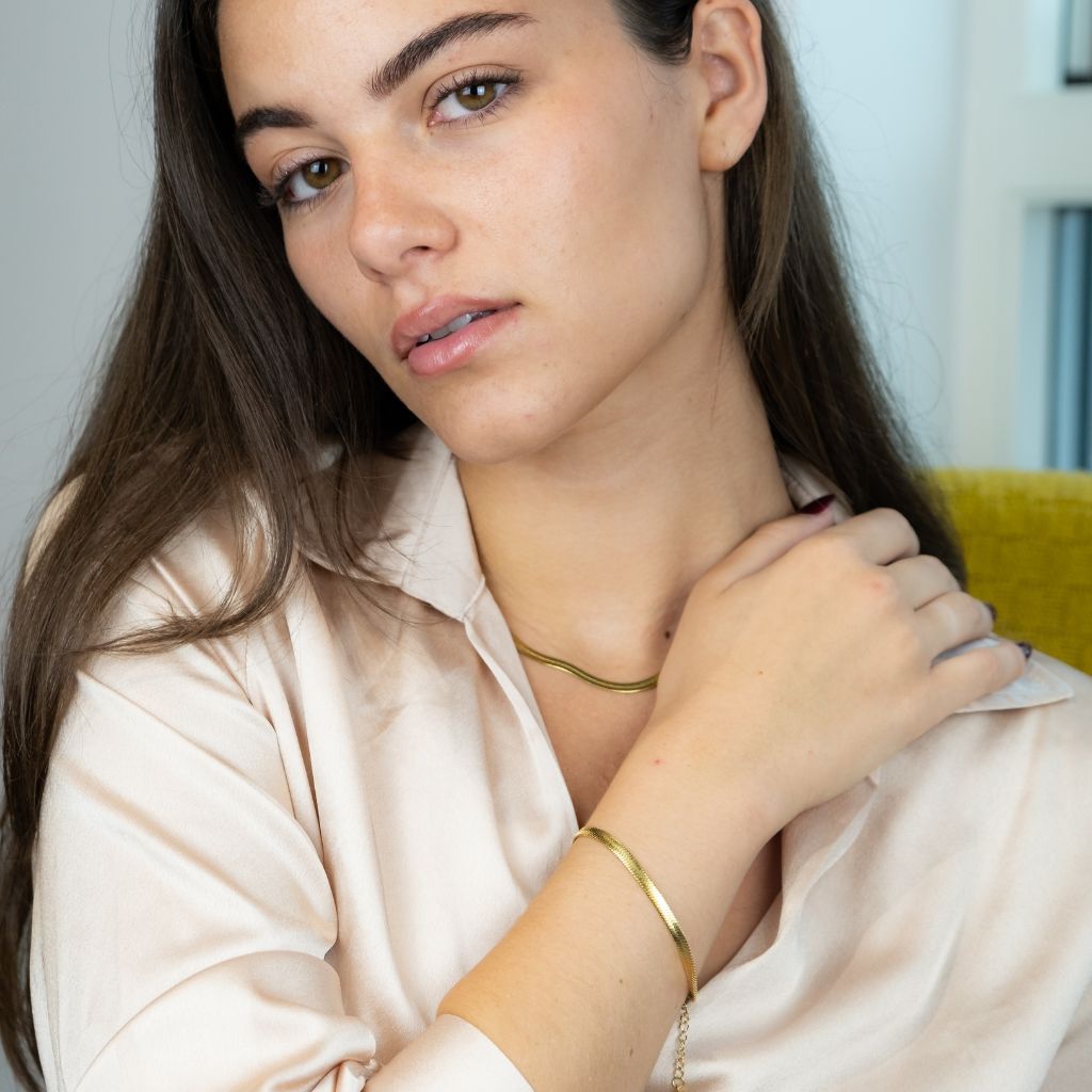 Stainless Steel Gold Cuban Link Flat Snake Gourmet Chain Layering Bracelet