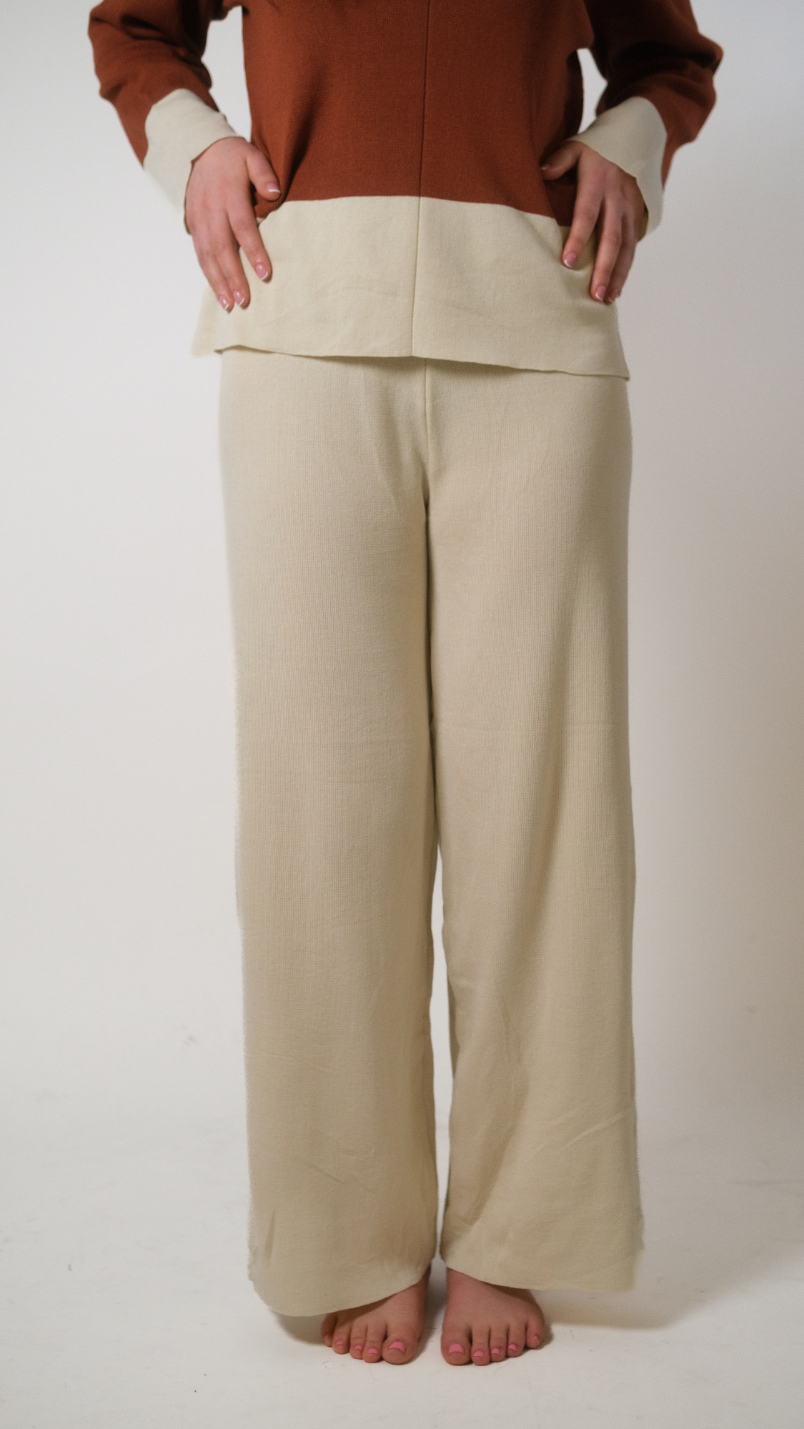 Beige Long Sleeve Knitted Square Top Casual Leg Pant Women's Co-ord Set