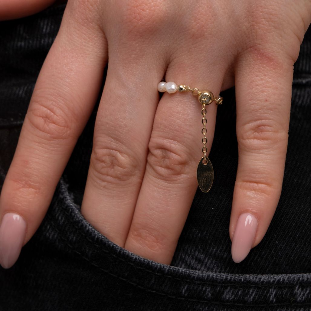Retro Pearl Chain Pull Adjustable Gold Stackable Thumb Ring