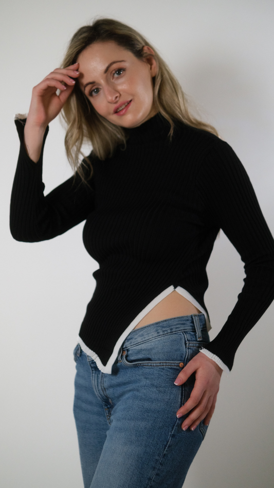 Black Knitted Long Sleeve Turtleneck Pullover Casual Sweater For Women